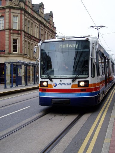Sheffield Supertram tram 101 at City Hall stop