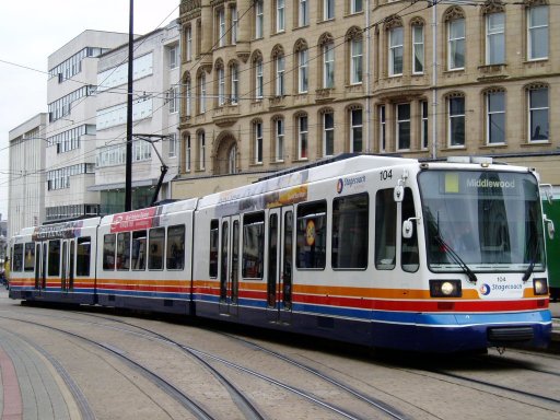 Sheffield Supertram tram 104 at Cathedral stop
