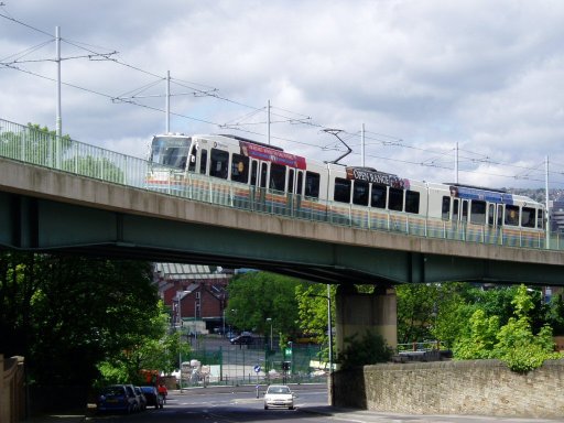 Sheffield Supertram tram 108 at Park Grange viaduct