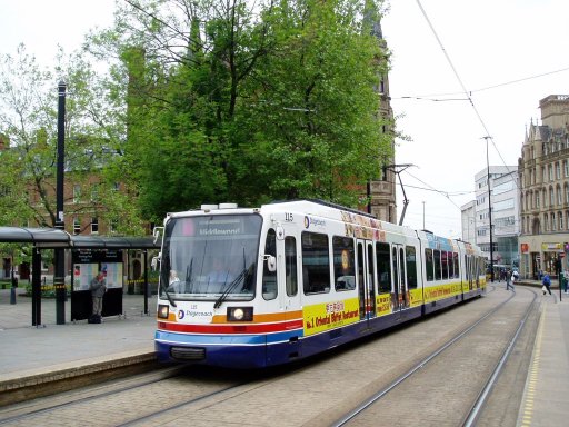Sheffield Supertram tram 115 at Cathedral stop