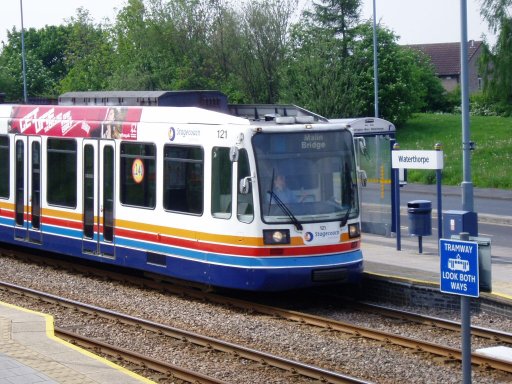 Sheffield Supertram tram 121 at Waterthorpe stop