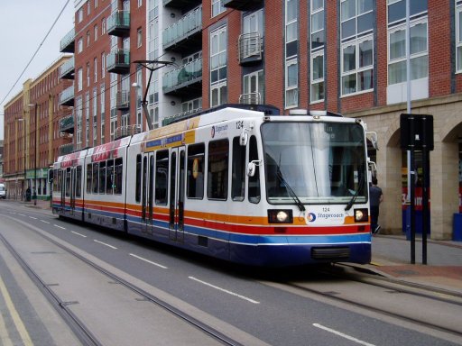 Sheffield Supertram tram 124 at West Street stop