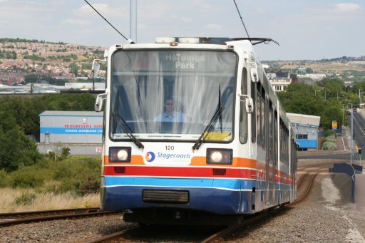 Sheffield Supertram tram 120 at between Woodbourn Road and Nunnery depot