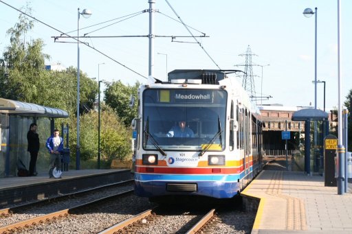 Sheffield Supertram tram 101 at Meadowhall South/Tinsley stop