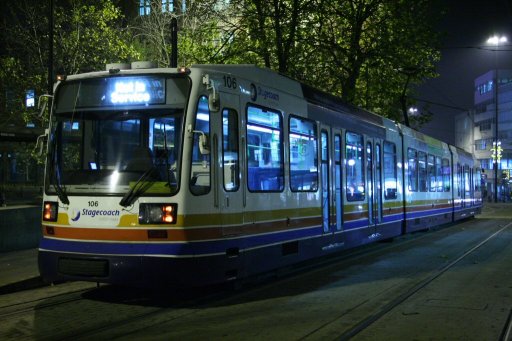 Sheffield Supertram tram 106 at Cathedral stop