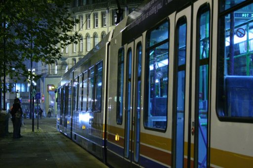 Sheffield Supertram tram night at Cathedral stop