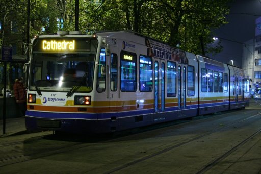 Sheffield Supertram tram 112 at Cathedral stop
