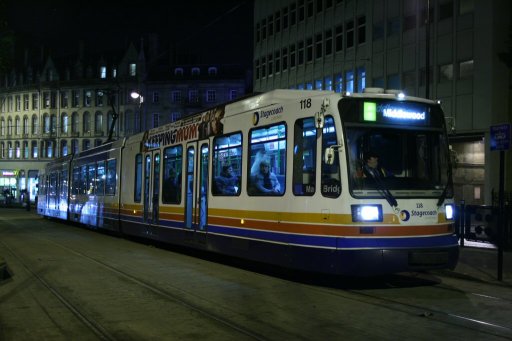 Sheffield Supertram tram 118 at Cathedral stop