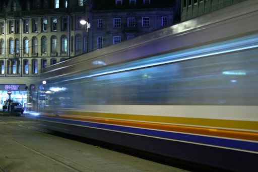 Sheffield Supertram tram night at Cathedral stop