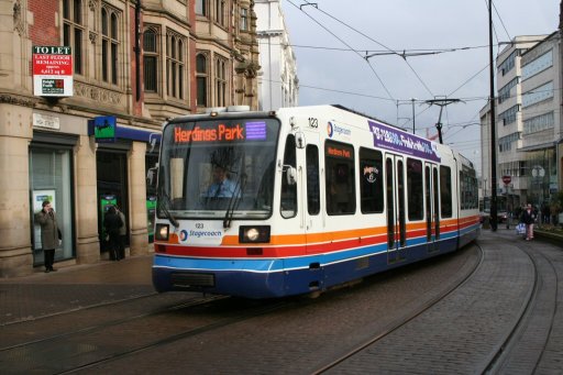 Sheffield Supertram tram 123 at Cathedral