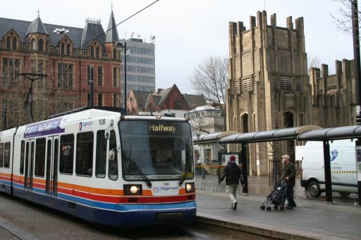Sheffield Supertram tram 108 at Cathedral stop