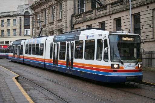 Sheffield Supertram tram 103 at Fitzalan Square/Ponds Forge stop