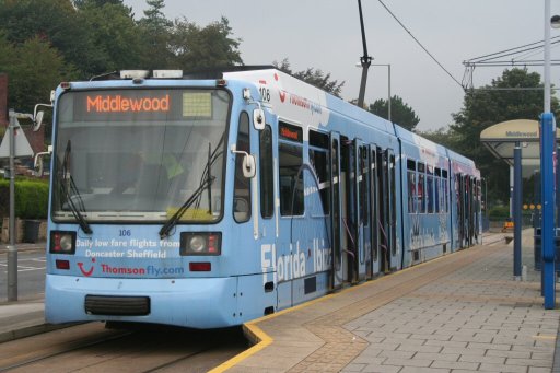 Sheffield Supertram tram 106 at Middlewood stop