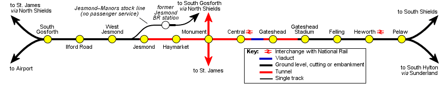 map of Pelaw–Gosforth route